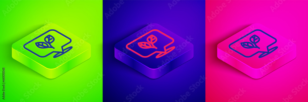 Isometric line Leaf icon isolated on green, blue and pink background. Leaves sign. Fresh natural product symbol. Square button. Vector Isometric line Leaf icon isolated on green, blue and pink background. Leaves sign. Fresh natural product symbol. Square button. Vector