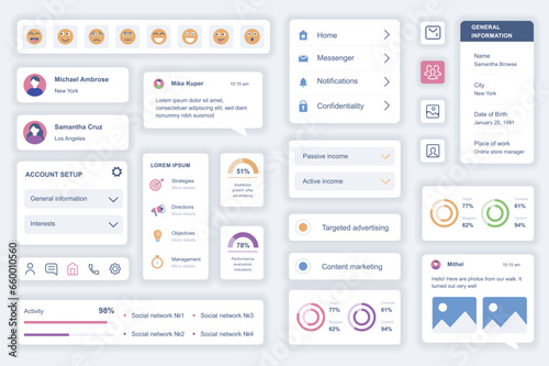 User interface elements set for social media mobile app. Kit template with HUD diagrams, profile information, emoticons, account setup, statistics. Pack of UI, UX, GUI screens. Vector components.