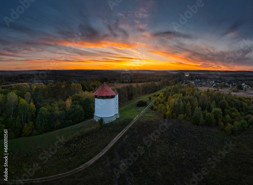 Autumnal landscape of Kashubian forests at sunset. Poland photo
