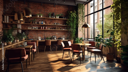 Modern cafe design interior with a brick wall. Loft design. Coffee shop, cafe. 1 , Generative AI. photo