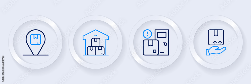 Set line Delivery hand with box, Home delivery services, Full warehouse and Location cardboard icon. Vector Set line Delivery hand with box, Home delivery services, Full warehouse and Location cardboard icon. Vector