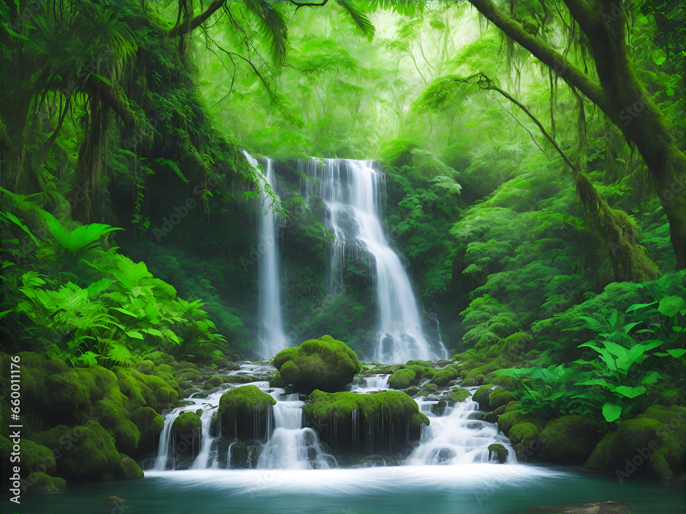 A cascading waterfall hidden within a lush, emerald-green rainforest, surrounded by ancient trees and vibrant flora. ai generative