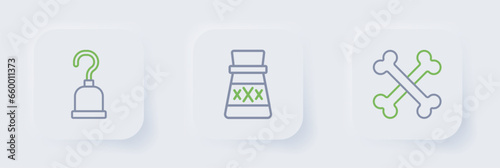 Set line Crossed bones, Bottle with potion and Pirate hook icon. Vector
