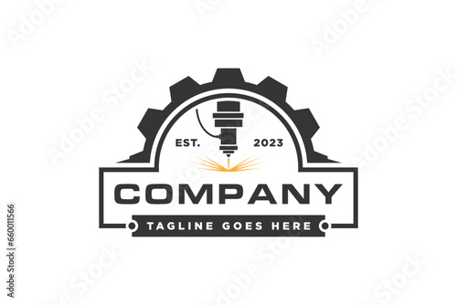 Laser cutting logo emblem with gear icon vector silhouette. Cnc machine logo vector isolated