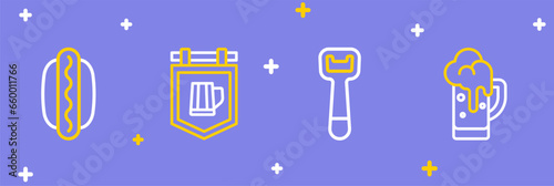 Set line Glass of beer, Bottle opener, Street signboard with and Hotdog sandwich icon. Vector
