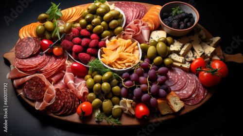 Antipasto platter with salami, ham, cheese and olives