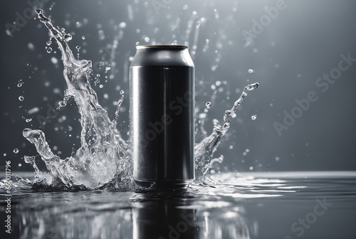 mock up product photograph of a aluminum soda / beer can isolated in splash of water with copy space for text