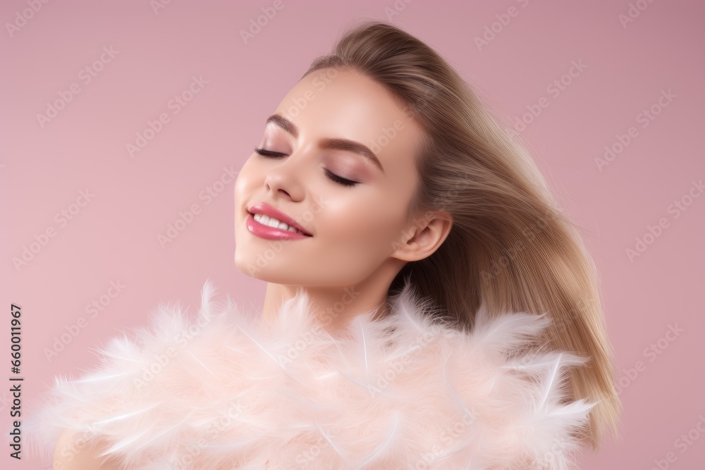 Beautiful woman with soft feathers on pink background Beautiful woman with soft feathers on pink background