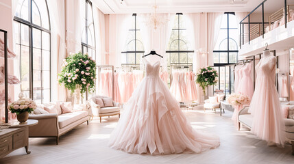 Beautiful wedding dresses of different styles, colors and designs hanging on hangers and mannequins in luxury boutique.