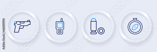 Set line Compass, Bullet, Walkie talkie and Pistol or gun icon. Vector