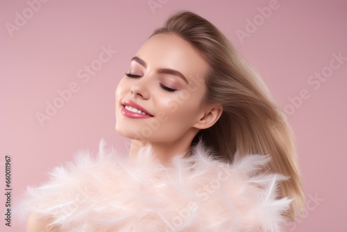 Beautiful woman with soft feathers on pink background