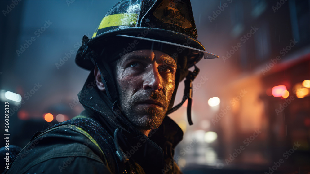 Portrait of a fireman standing in front of a fire station