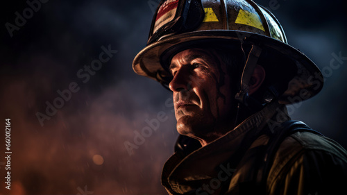 Portrait of a firefighter in the smoke. Firefighter in uniform. © Alex