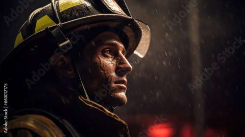 Portrait of a firefighter standing under the rain