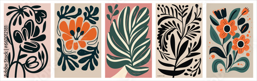 Set of Contemporary Groovy Floral Art - Matisse-Inspired Minimalist Style, Collection.