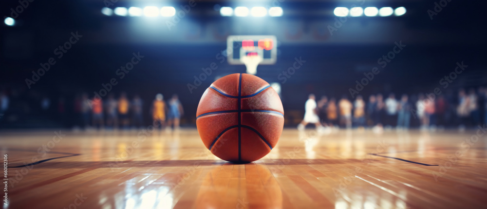 Basketball game sport arena stadium court on spotlight with basket ball on floor Basketball game sport arena stadium court on spotlight with basket ball on floor