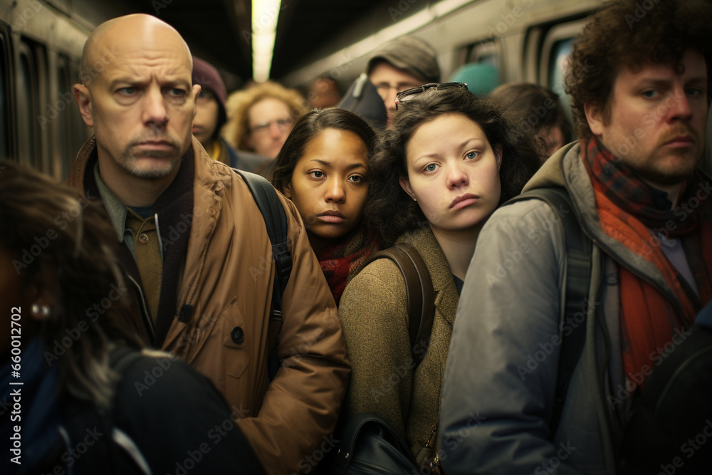 In the heart of a busy urban metropolis, a diverse group of commuters waits for their train, their faces a mosaic of expressions, from weariness to anticipation. In the heart of a busy urban metropolis, a diverse group of commuters waits for their train, their faces a mosaic of expressions, from weariness to anticipation.