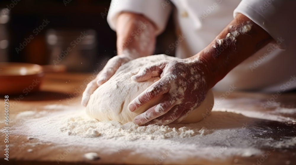 Bakery flour rolling hands preparing dough for pizza pasta food meal for a restaurant