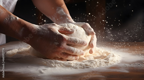 Bakery flour rolling for preparation of dough for pizza pasta food meal in a restaurant photo