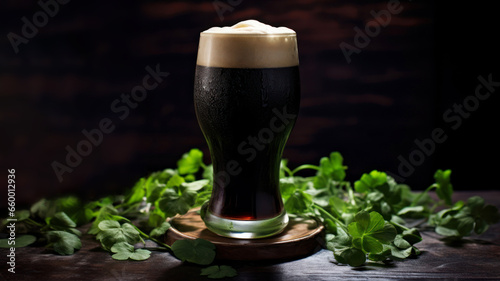 Glass of dark beer with clover leaves on dark wooden background.