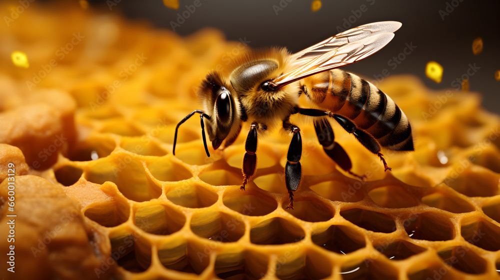 Honeybee on the honeycomb - obrazy, fototapety, plakaty 