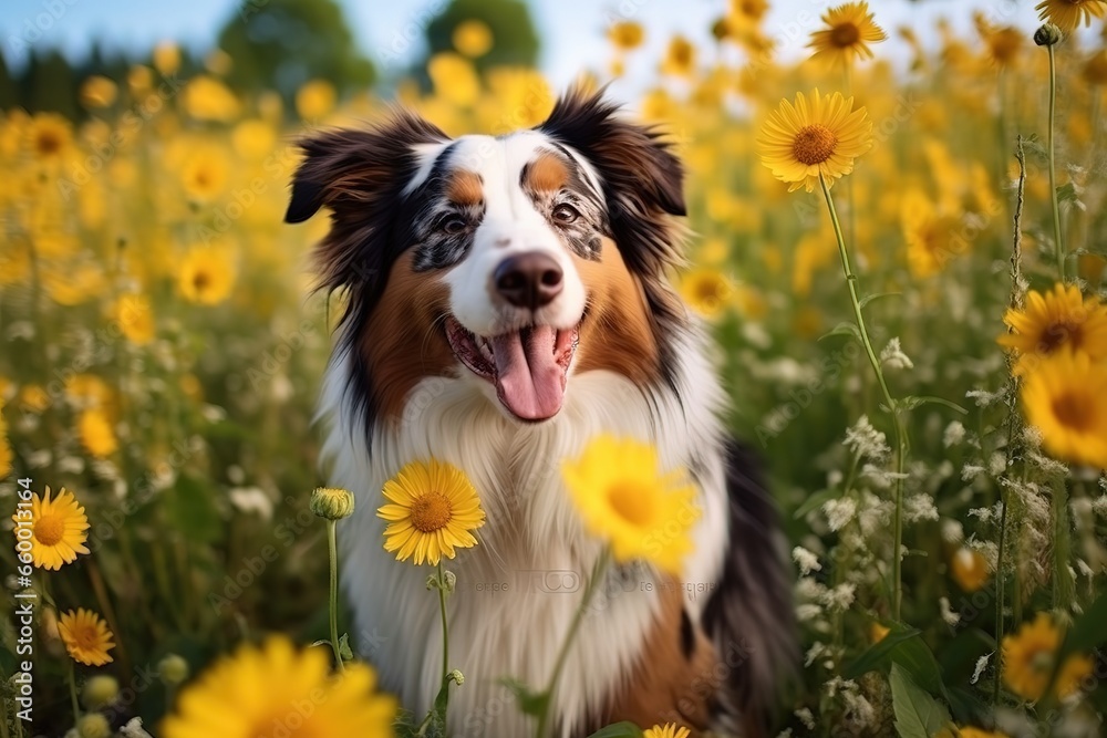 A happy dog in flowers