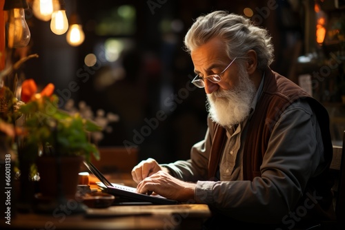 Old man working on notebook computer in cafe