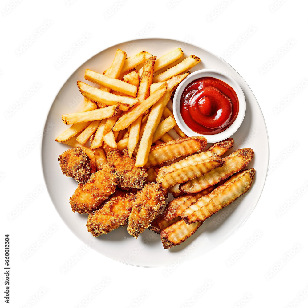 French fries, crunchy fried chicken and tomato sauce on transparent background French fries, crunchy fried chicken and tomato sauce on transparent background