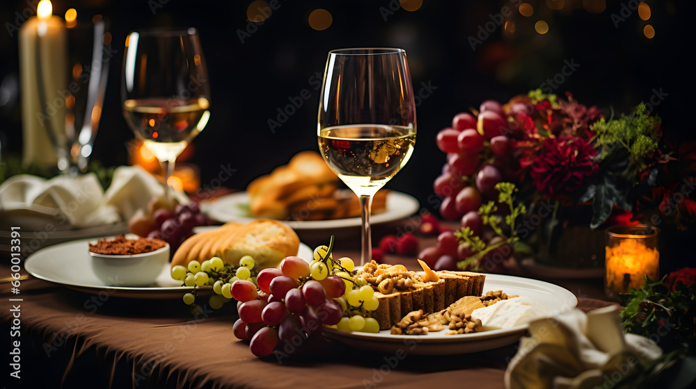Restaurant or Bar table with Wine Glasses and appetizers, with Soft light and romantic atmosphere