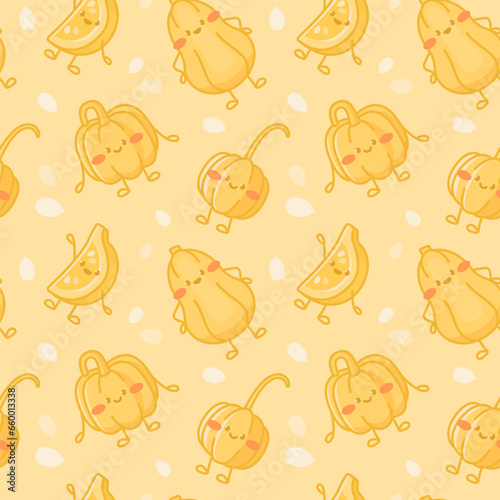 Seamless pattern with cute pumpkin characters.
