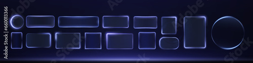 Collection of futuristic neon frames. Technology background. Set of glowing blue glass rectangular, square and round frames on a dark background. Neon light screens. Vector png.
