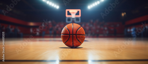 Basketball game sport arena stadium court on spotlight with basket ball on floor photo
