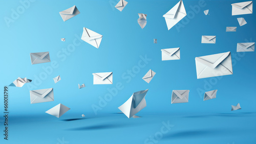 Envelope and flying paper planes on blue background photo