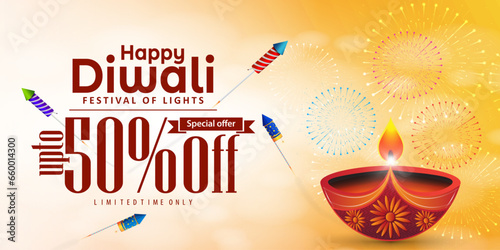 Happy Diwali festival Celebration banner design with huge discounts to attract people
