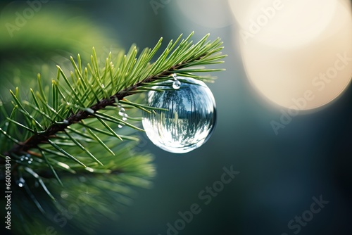  a pine tree branch with a drop of water on it.  generative ai