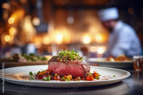 Close up of gorgeous meat dish in background of blurred chef making food in professional modern kitchen and bokeh lights. Working concept cooks and craftsmen.