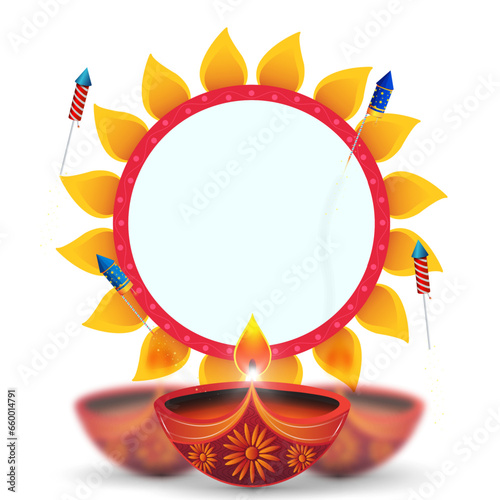 Vector illustration of Happy Diwali background with diya and firecrackers. Blank space for your advertisement work.