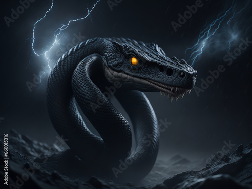 Night gloomy landscape with a cobra. Fantastic, snake. AI © IM_VISUAL_ARTIST