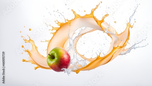 Exploding apples splashing juice on isolated white background.