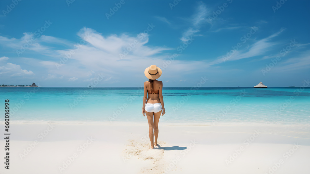 Woman looking at turquoise ocean water