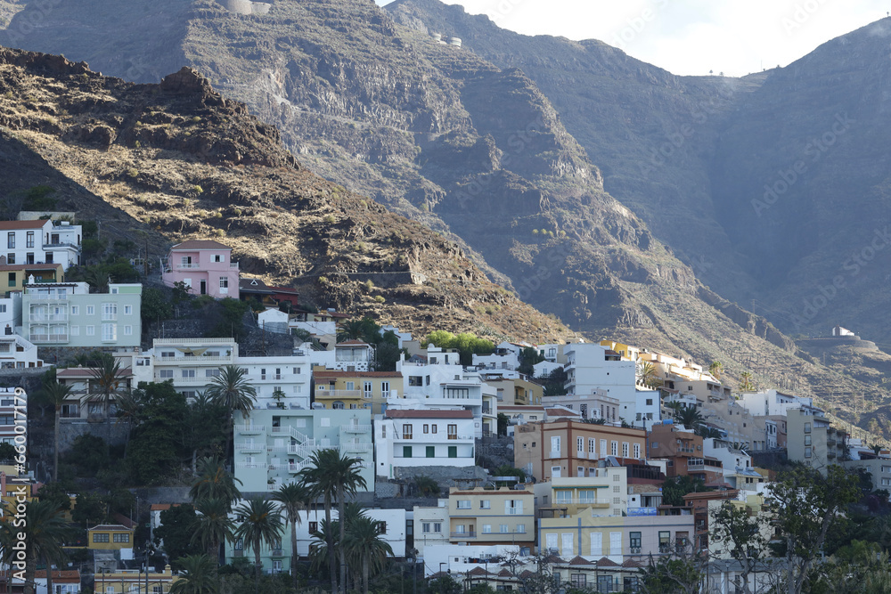 La Gomera, Spain. Onshore view of the coastline of Valle Gran Rey with the small town of La Calera.