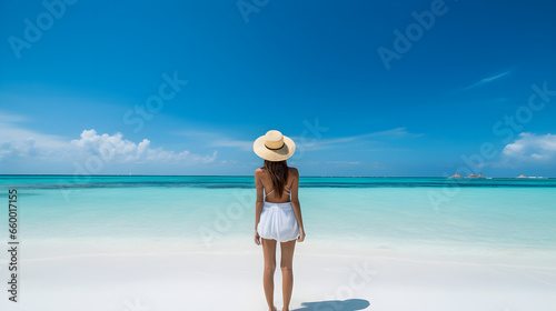 Woman looking at turquoise ocean water