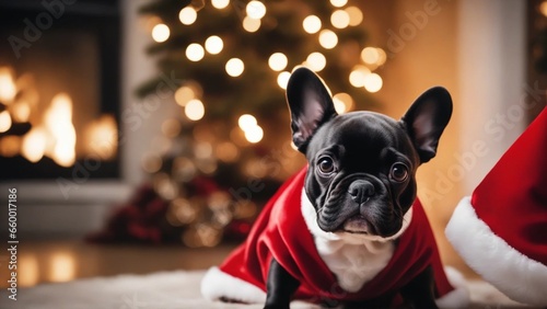 An adorable French bulldog in Christmas night.
This image is perfect for use in a variety of applications, including holiday greetings, social media posts, and marketing materials. photo