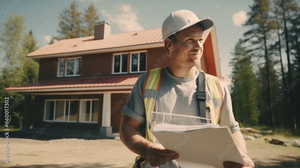 The young construction contractor plans to paint a big house. The young construction contractor plans to paint a big house.