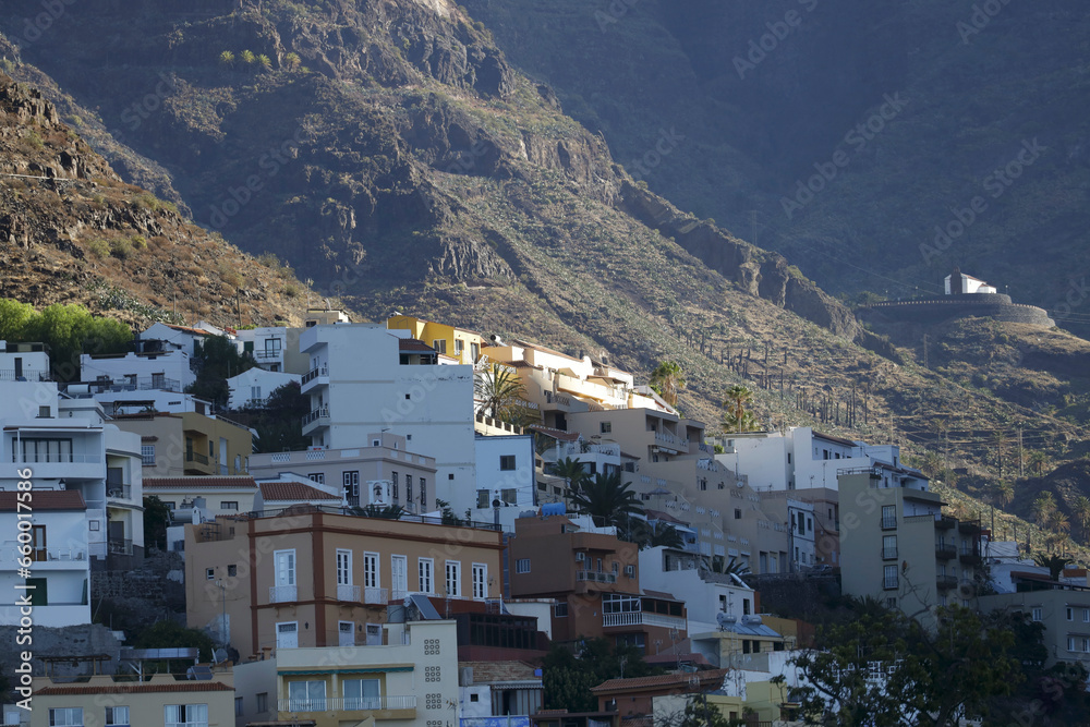 La Gomera, Spain. Onshore view of the coastline of Valle Gran Rey with the small town of La Calera.