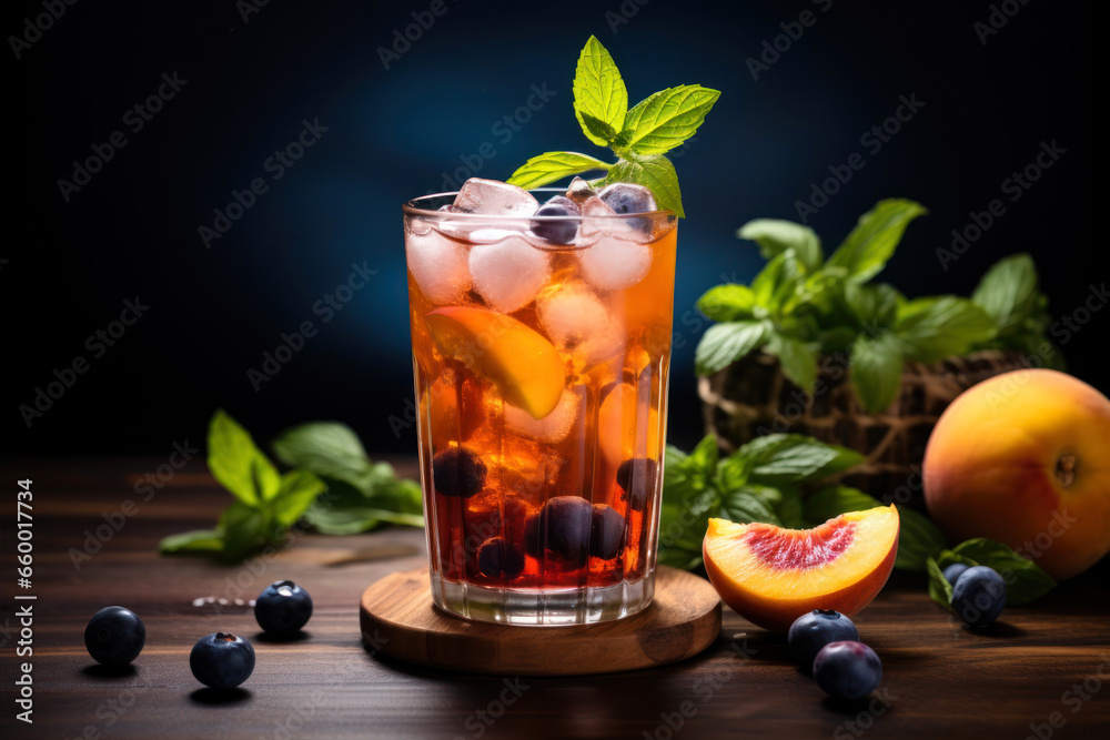 Glass of iced tea with peach, blueberry and mint on wooden table Glass of iced tea with peach, blueberry and mint on wooden table