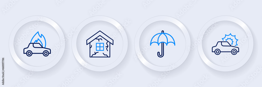Set line Car insurance, Umbrella, House and Burning car icon. Vector Set line Car insurance, Umbrella, House and Burning car icon. Vector