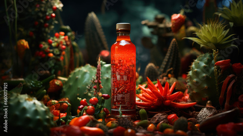 Beautiful still life with cactus  succulents and bottles hot sauce in a cactus