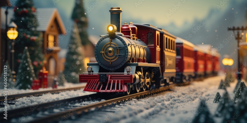 Festive Railroad A Vintage Toy Train Moves Through a Tiny Christmas