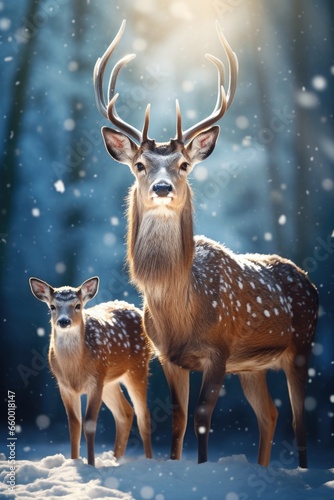 A snowy forest scene with a deer family cautiously exploring the tranquil landscape. winter, new year, Christmas. © Ivy